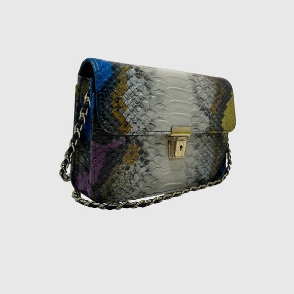 Women’s Python Embossed Crossbody Shoulder Bag w/ Chain Strap | Snake Print Flap - Picture 4 of 12